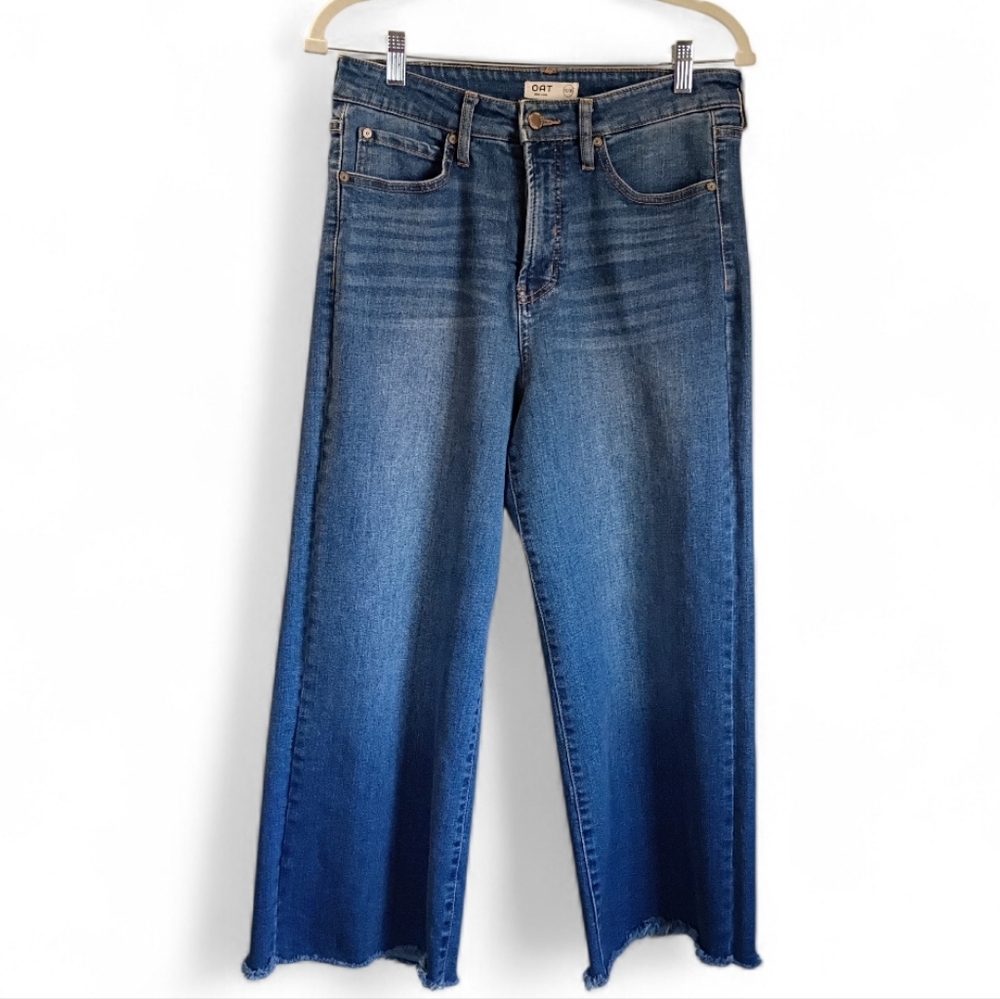OAT New York Size 10/30 High Rise Wide Leg Blue Denim Crop Jeans Raw Hem